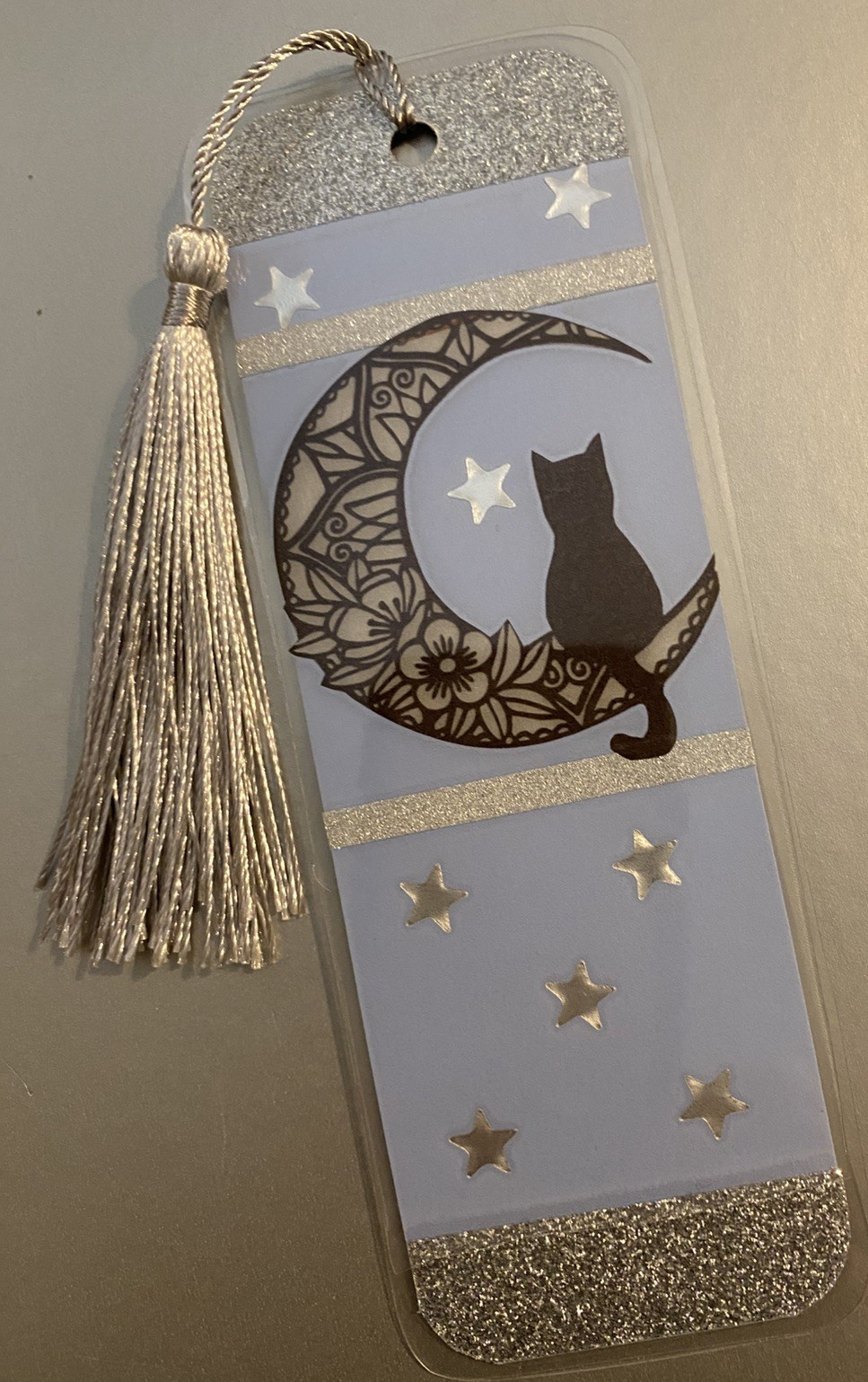 Cat Kitten and Moon Bookmark with Tassel - Laminated with Glitter Borders 6x2"