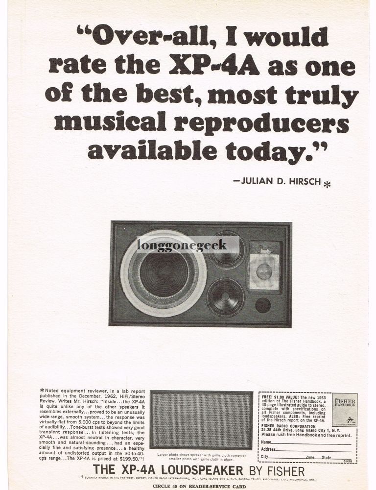1963 Fisher XP-4A Loudspeaker Hi-Fi VINTAGE Print Ad