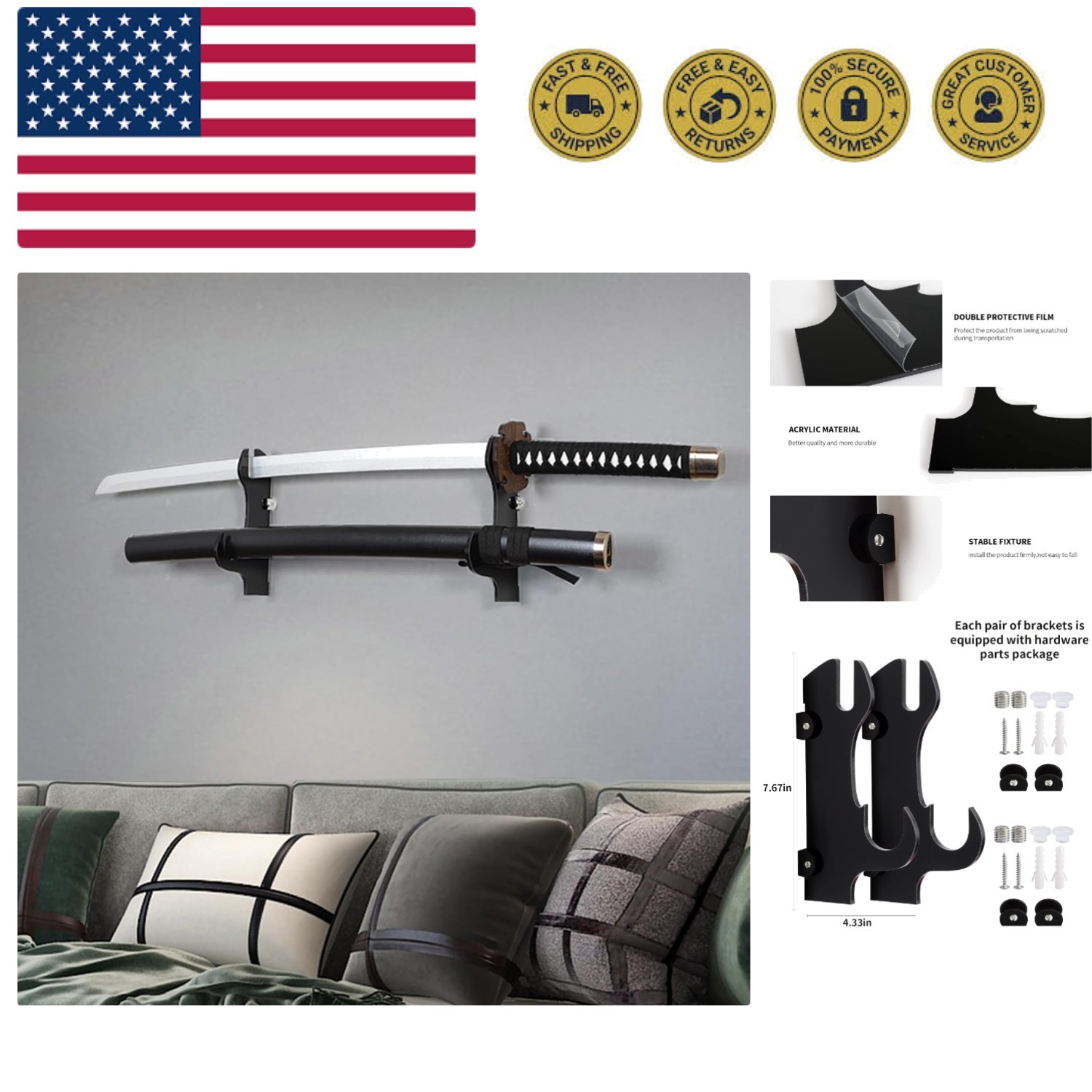 Samurai Sword Wall Mount-Katana Stand Wall Mount-Sword Wall Mount Display-Sam...