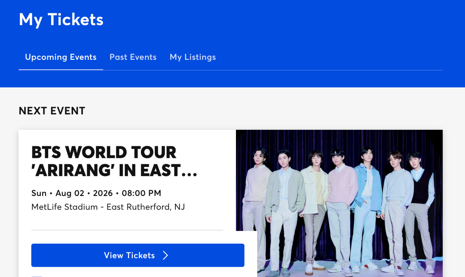 2 LIVE BTS World Tour 'ARIRANG' Tickets Aug 2, 2026 MetLife Stadium Sec 106