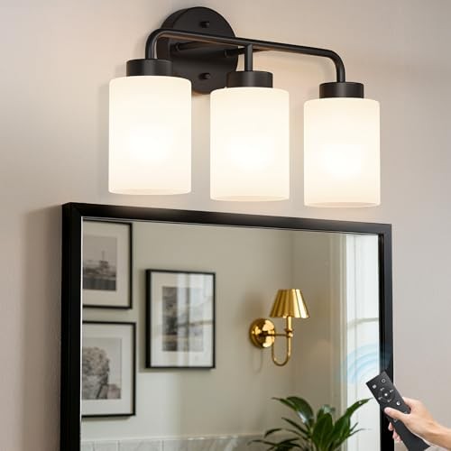  Bathroom Light Fixtures with 3 Stepless Dimmable Bulbs and 3 lights Black