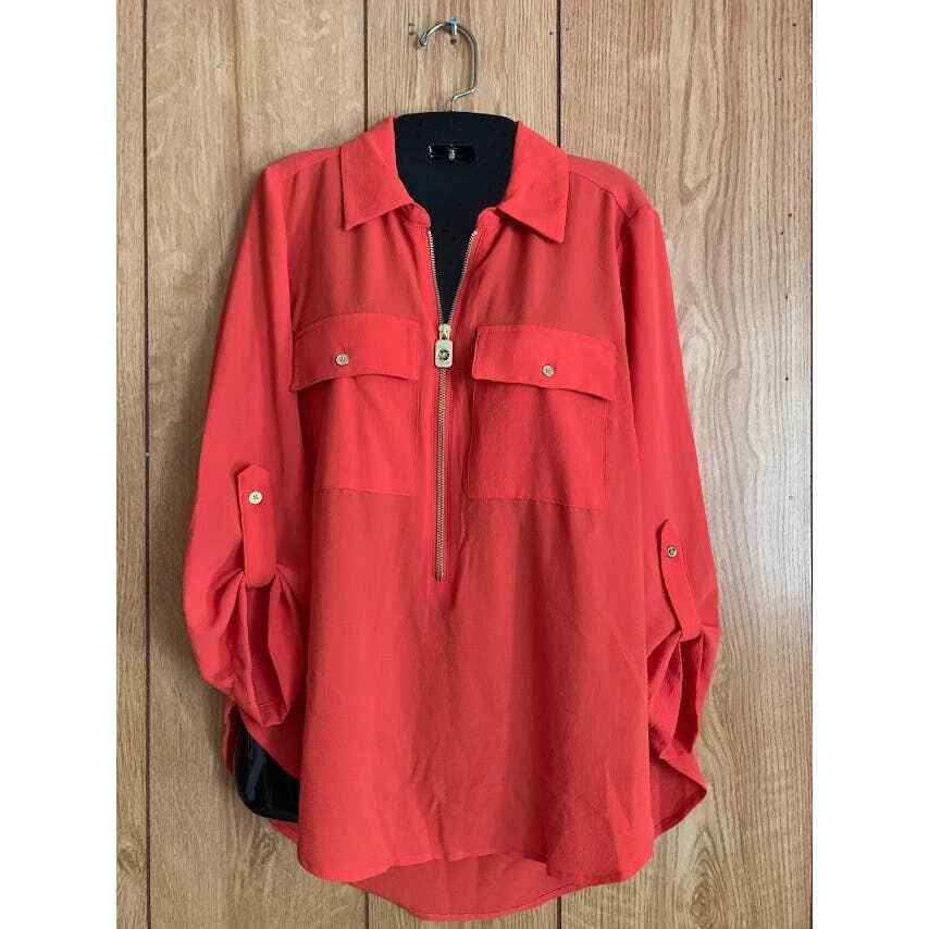 Michael Kors orange top size medium roll tab gold zipper blouse