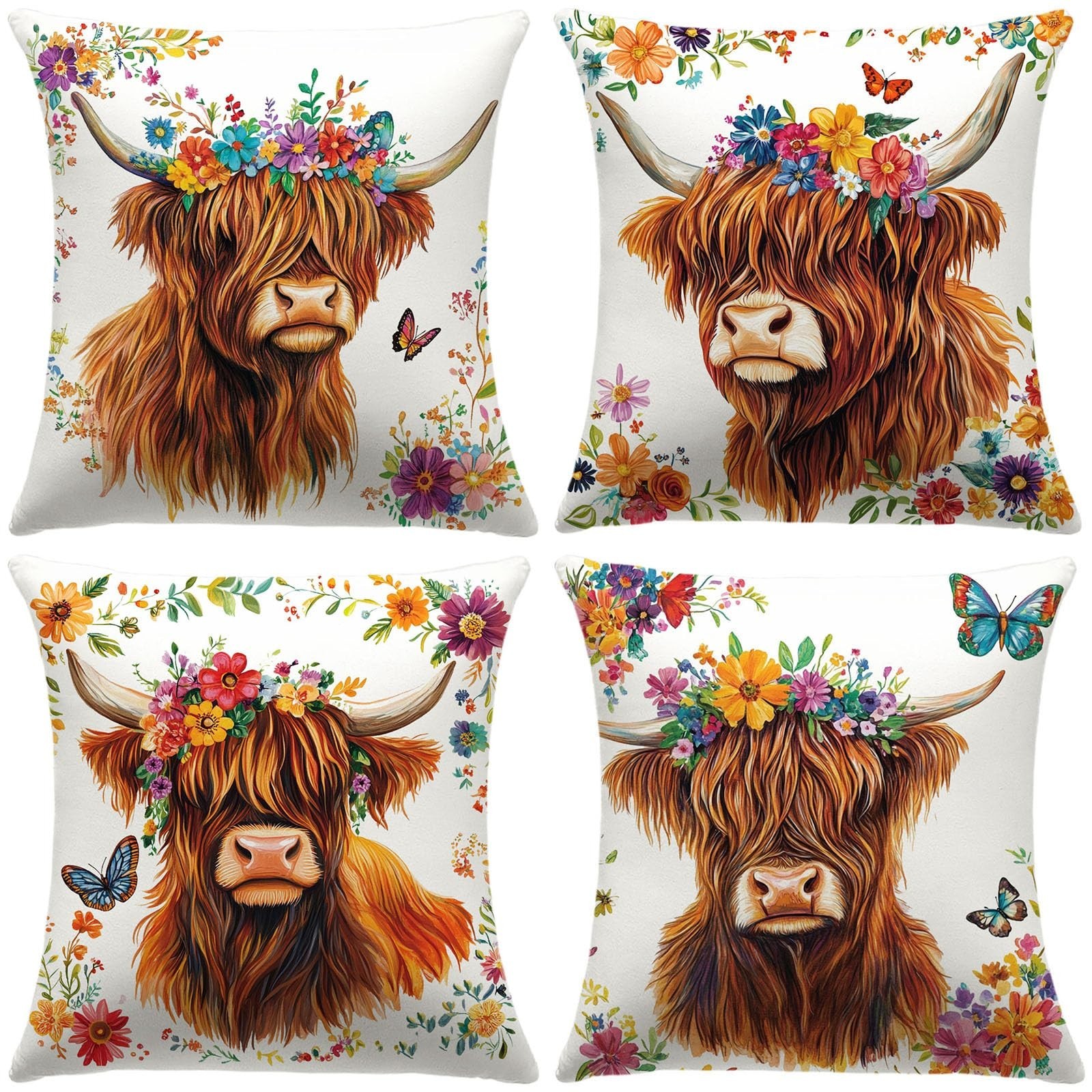 Set of 4 Highland Cow Pillow Covers 18x18 Inch, Cow Print Throw Pillow Covers...