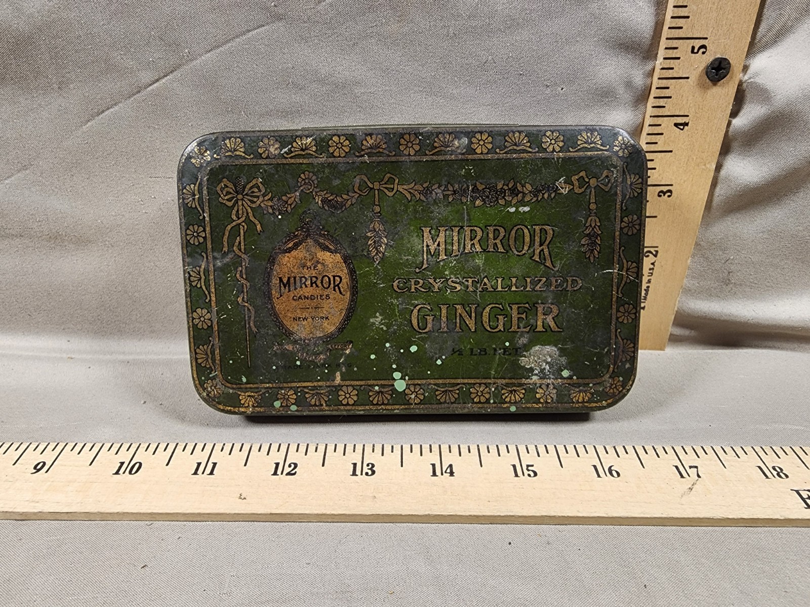 Antique Advertising Tin/Can Mirror Candies Cryatalized Ginger NY Empty