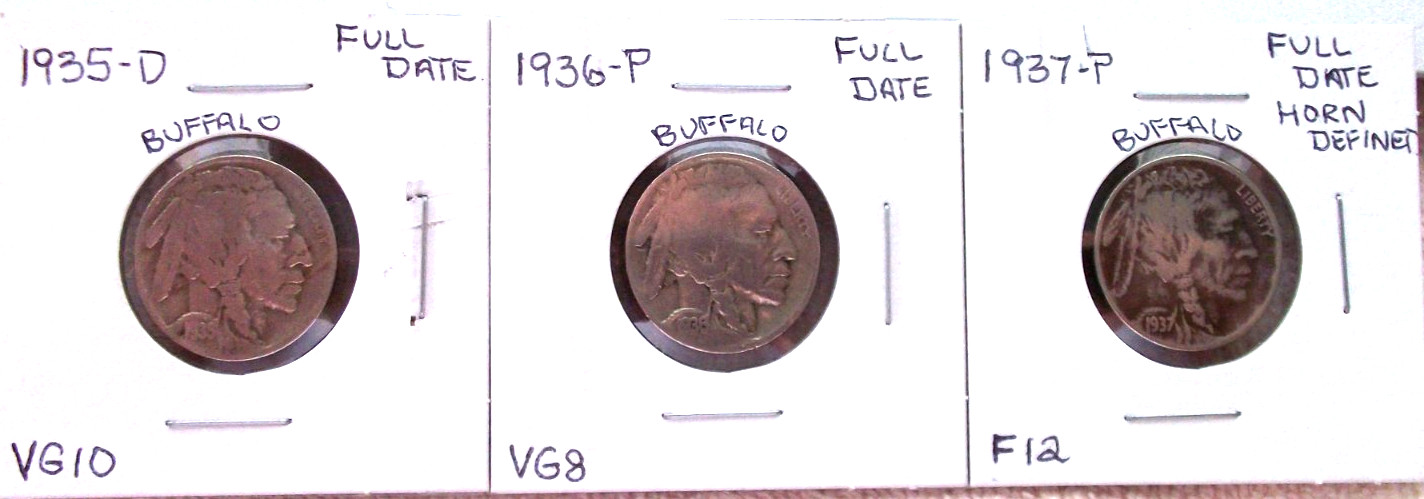 1935 D VERY GOOD PLUS / 1936 P VERY GOOD / 1937 P FINE FULL DATE BUFFALO NICKELS