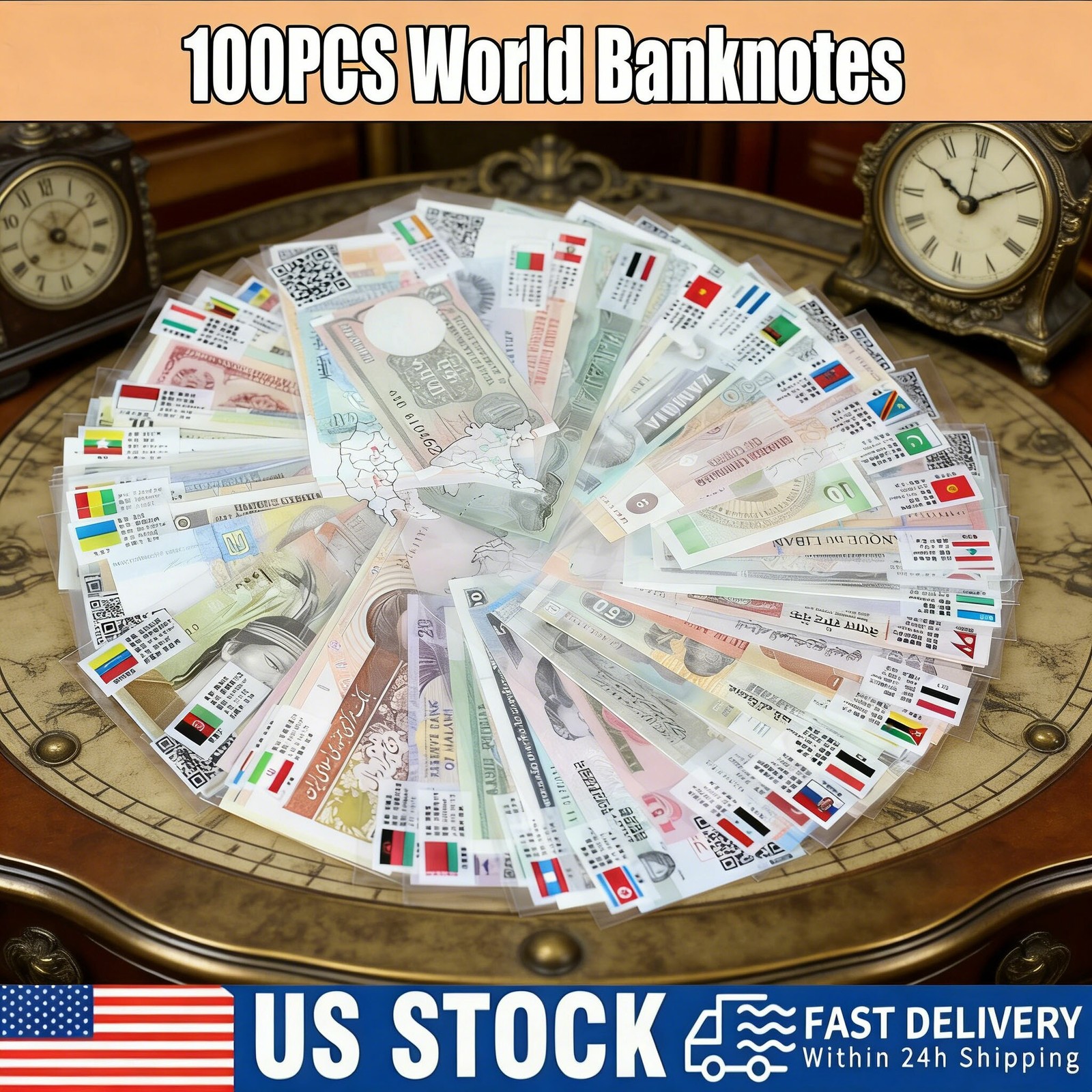 100 Pcs World Currency Starter Kit | Uncirculated Banknotes W/ Bonus Accessories