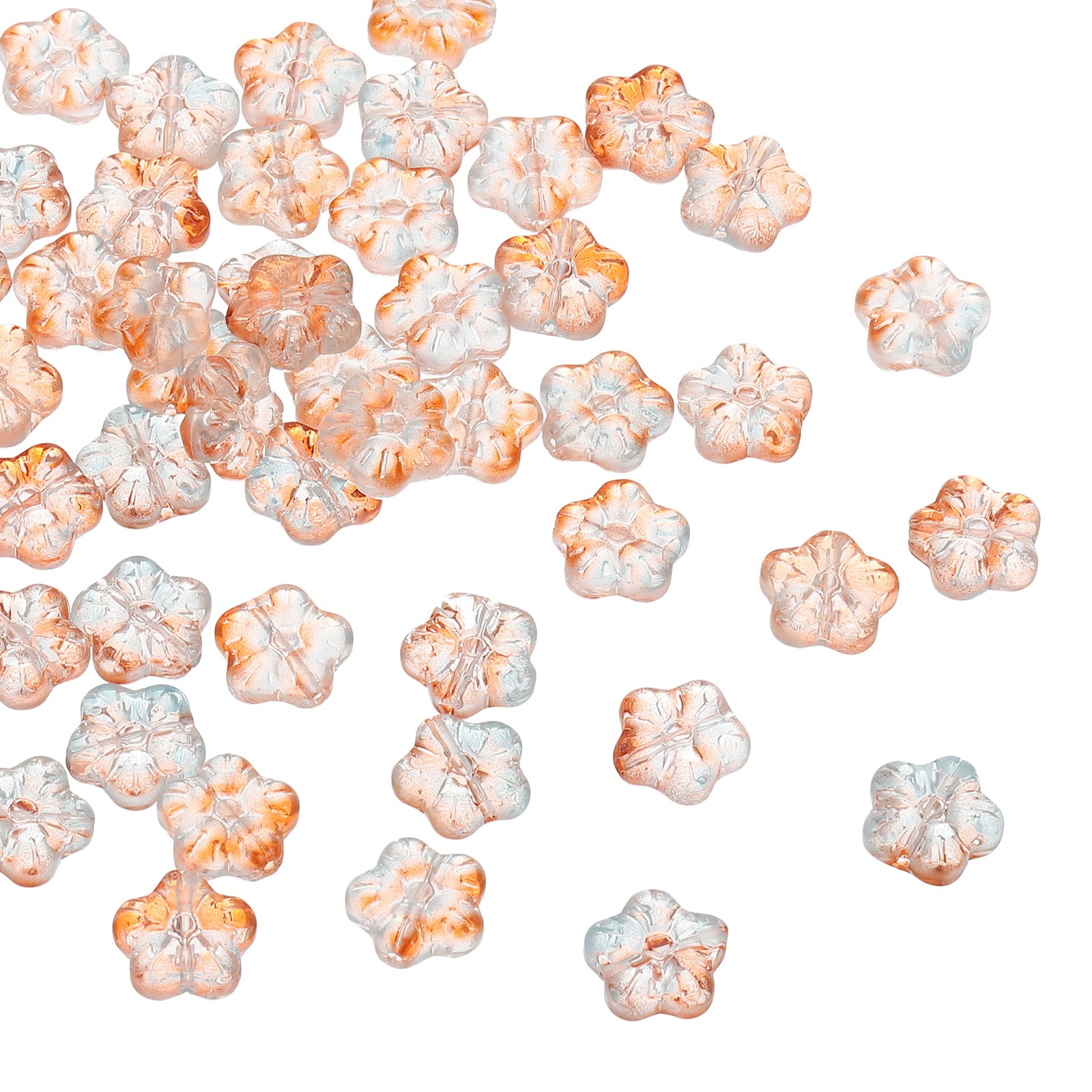 50Pcs Random Glass Flower Beads Transparent Floral Beads Blue/Orange