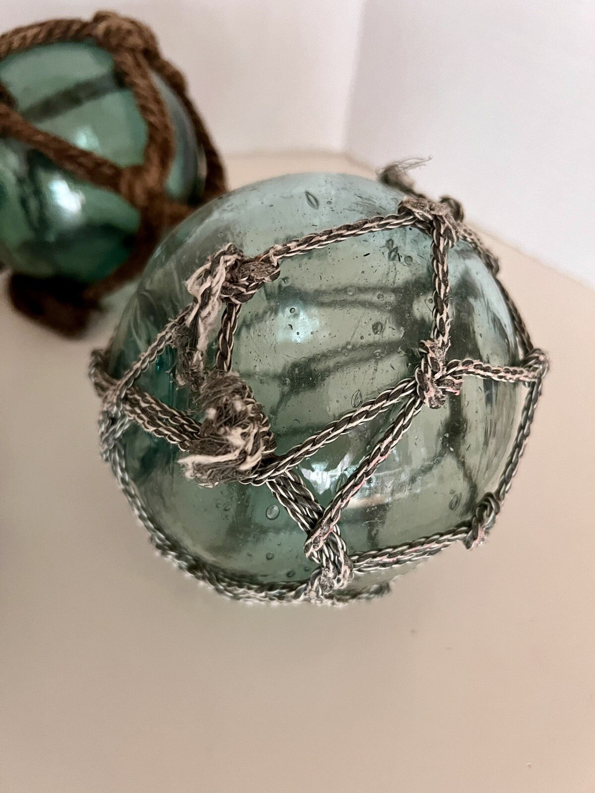 Antique Japanese Glass Fishing Float Buoys With Nets  Aqua Blue (5)