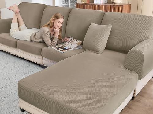 Sectional Couch Covers for Sofa Cushion L Shaped 3 Seat Covers + 1 Chaise Khaki