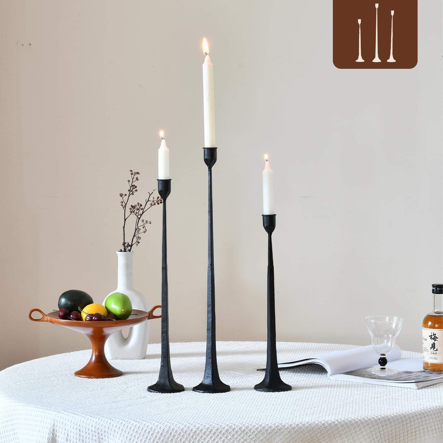 Iron Black Candlestick Holders Set of 3 - Fits 3/4 inch & 7/8 inch Taper Candles