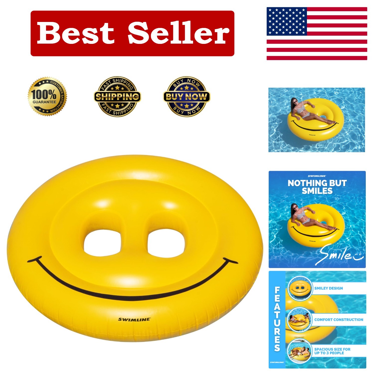 Oversized Smiley Face Pool Float with Repair Kit - Comfort & Style Combined!