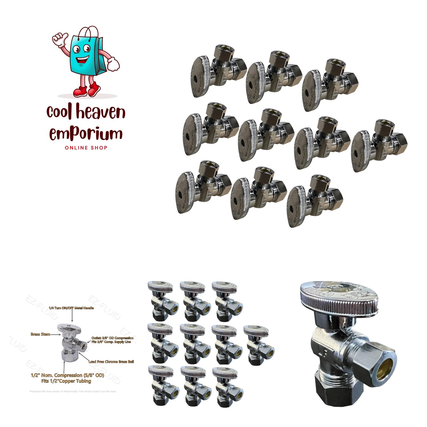 10Pcs Heavy Duty Angle Stop Valve,1/2" Nominal 5/8" OD Compression x 3/8"OD O...