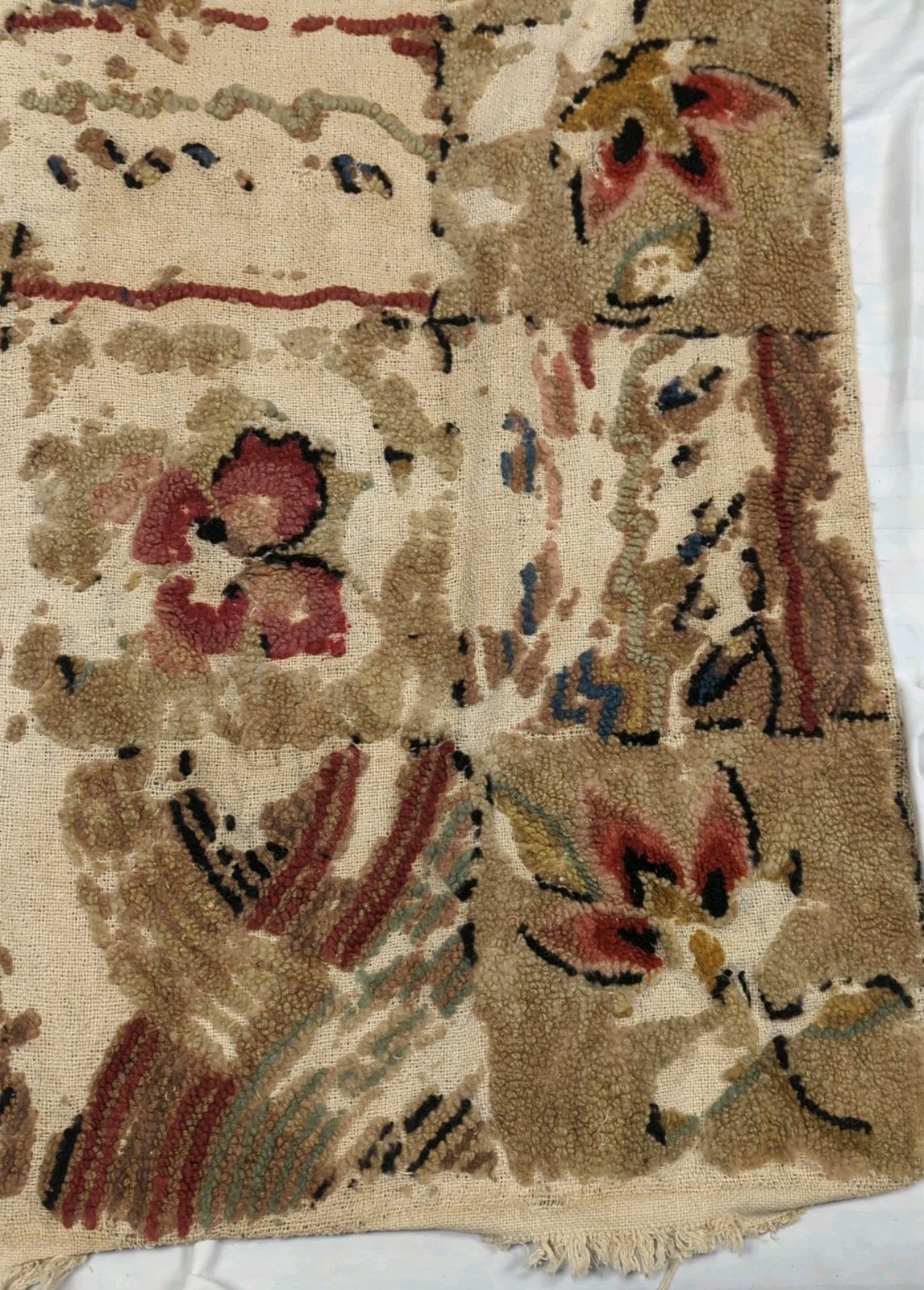 Vtg Distressed Wool Loop Rug Linen Tan Blue Floral Antique Primitive Decor 72x50