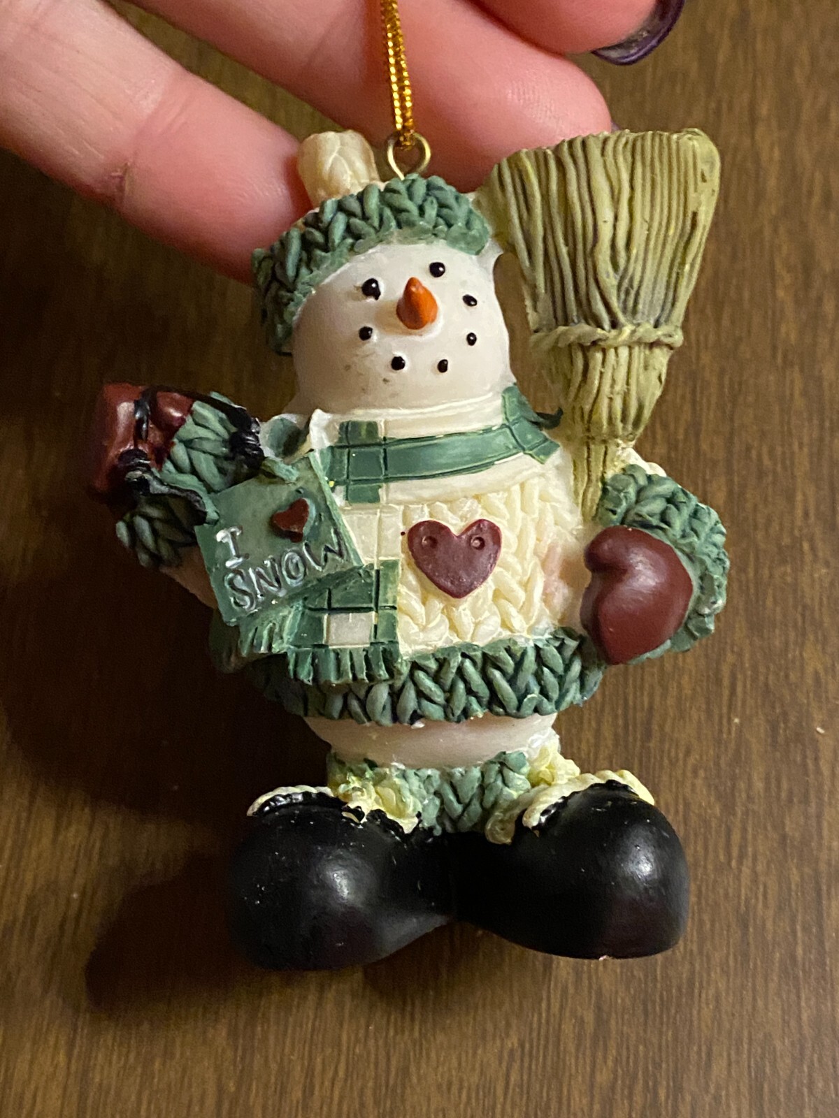 Vintage Snowman w Broom Shaped Resin Christmas Ornament 3"