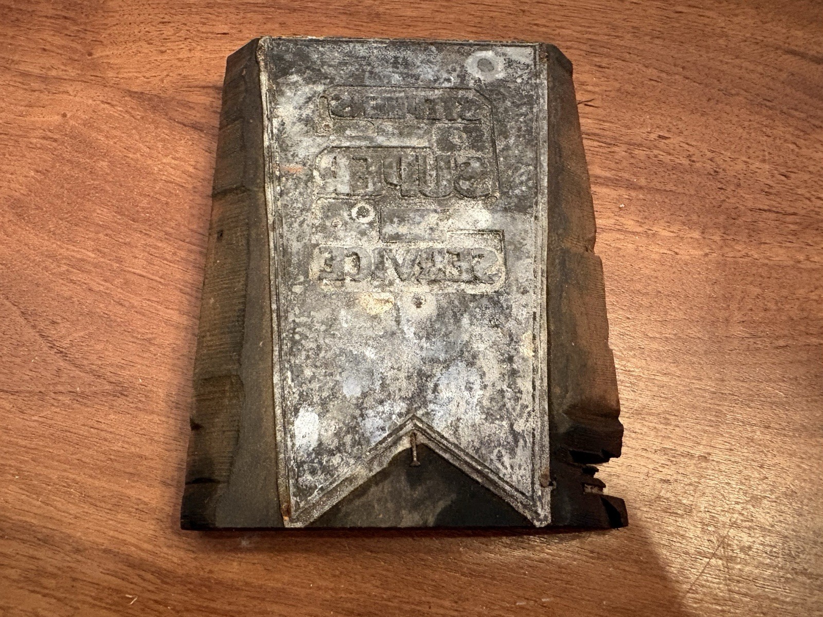 Vintage Printing Block Wood & Metal Banner Stephen’s Super Service 4”x5”