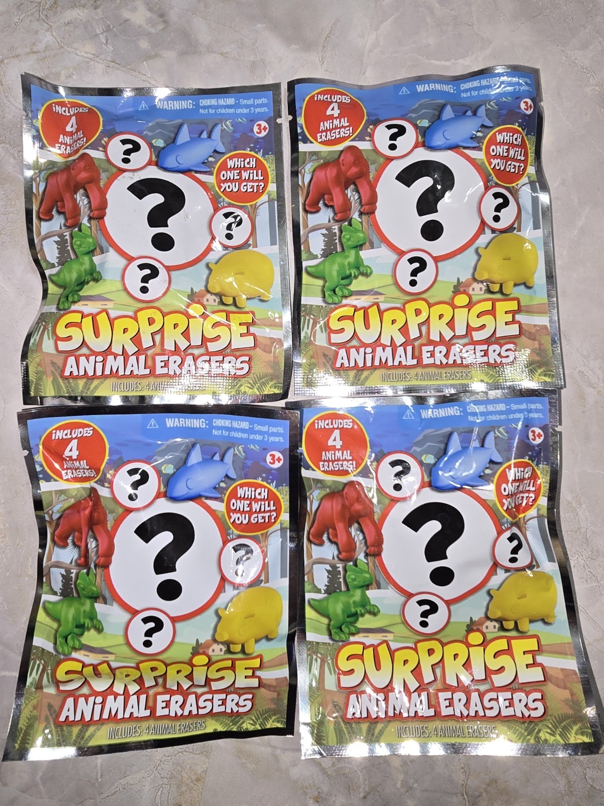 Lot of 4 Tara Surprise Animal Erasers – 4 Erasers per Pack – New Unopened Packs