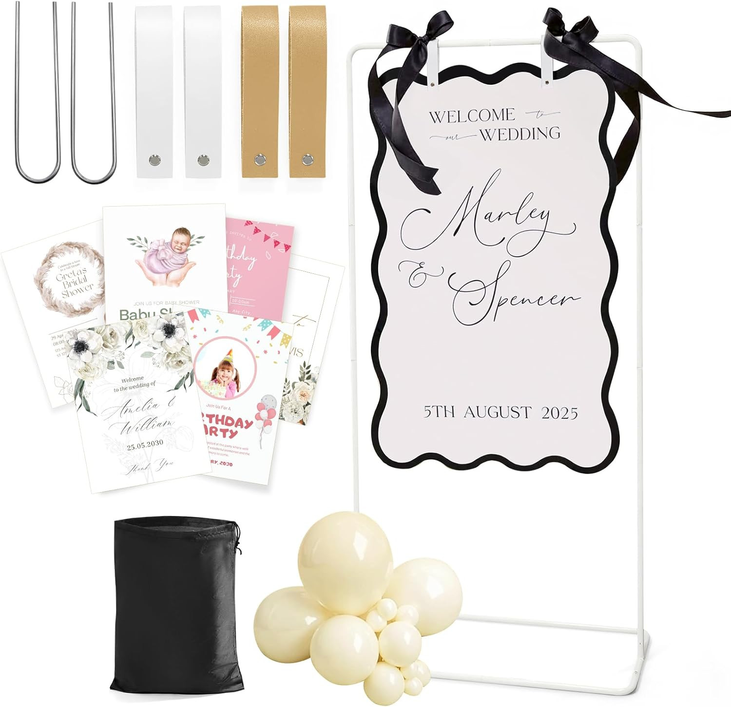 Elegant Wedding Welcome Sign Stand with Easel, Stakes, and Hanging Straps