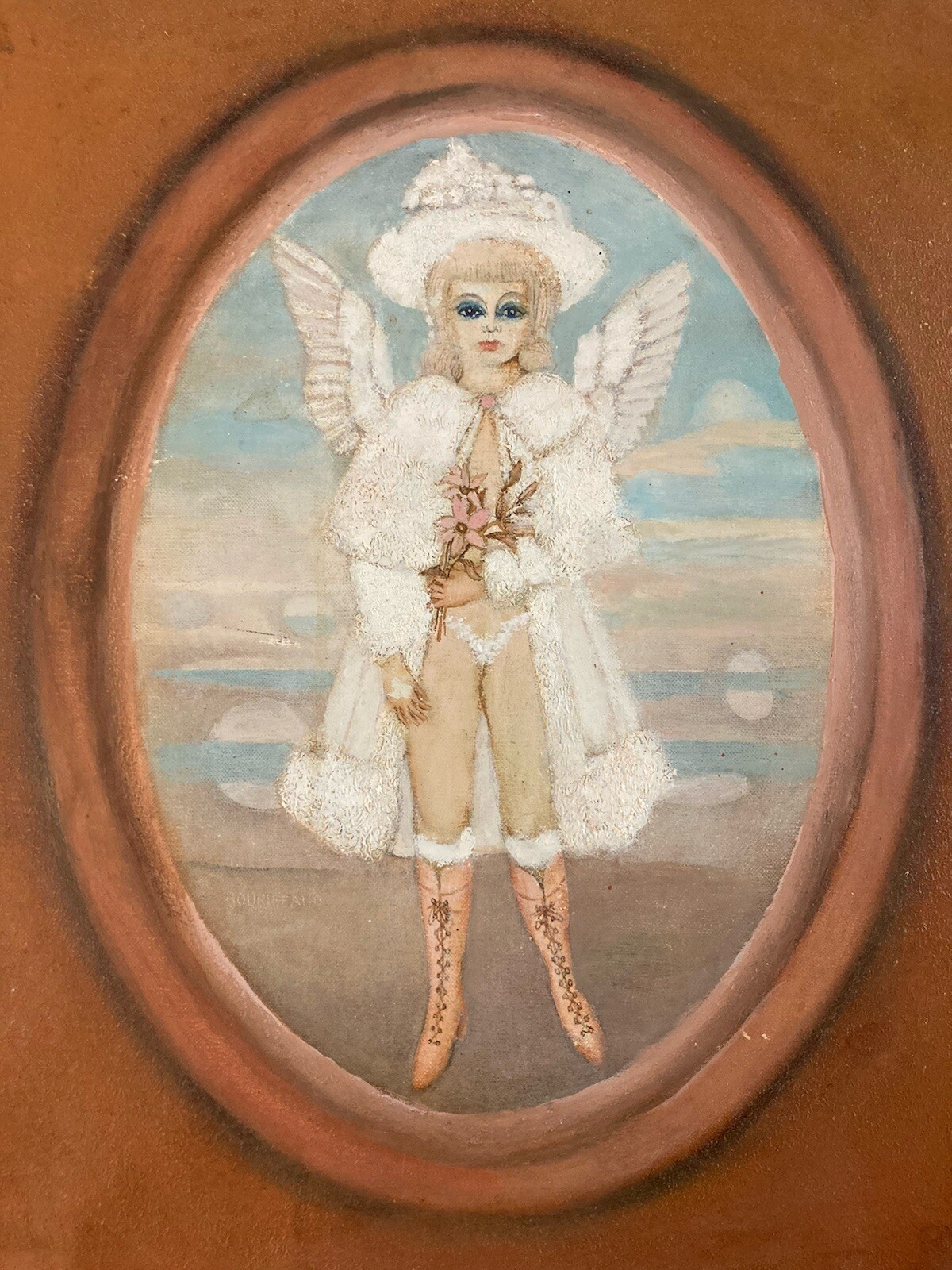 Très Belle Peinture Roland BOURIGEAUD Huile Sur Toile 1970 femme Ange erotique