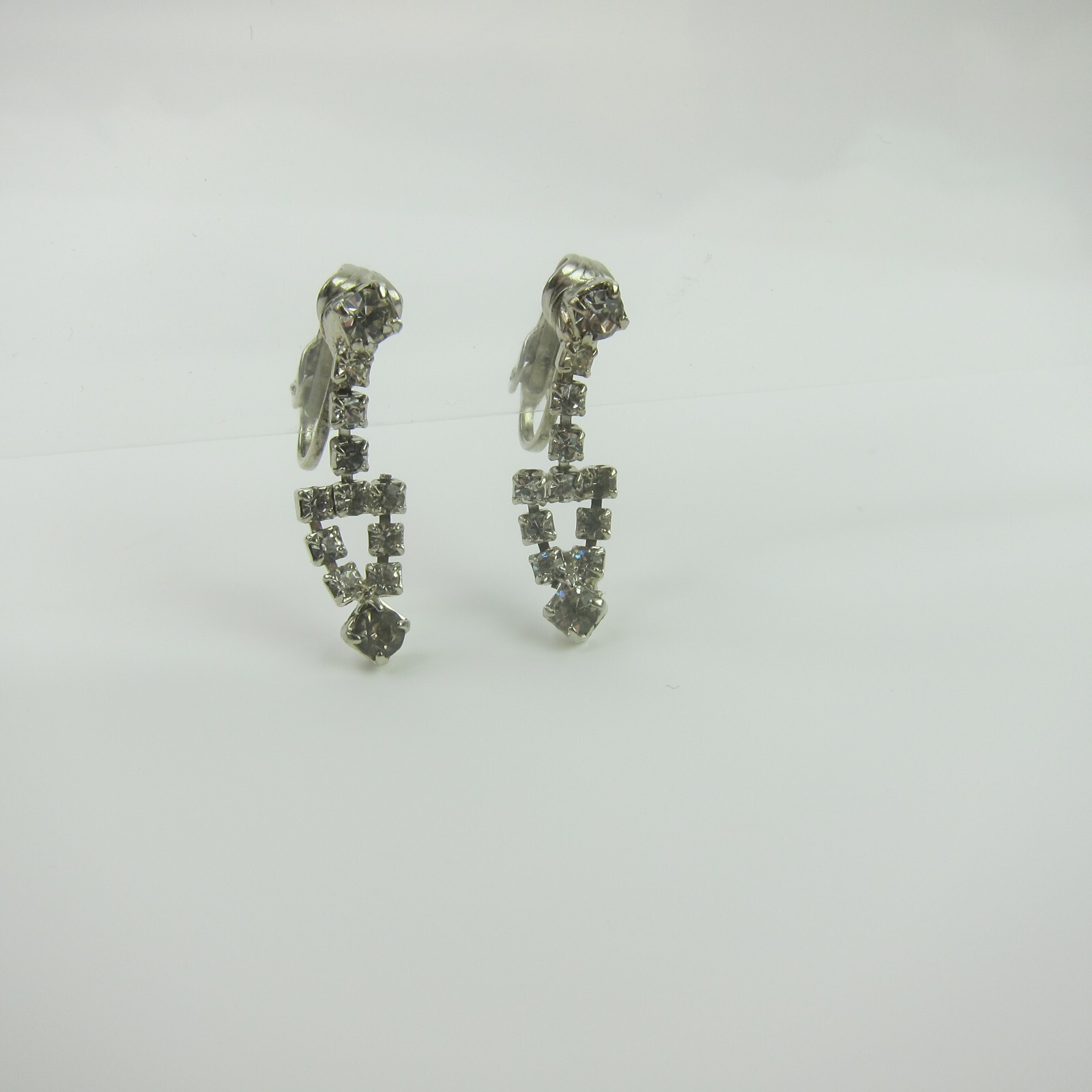 Vintage Rhinestone Clip On Earrings Triangle Dangle Drop Retro Estate Jewelry
