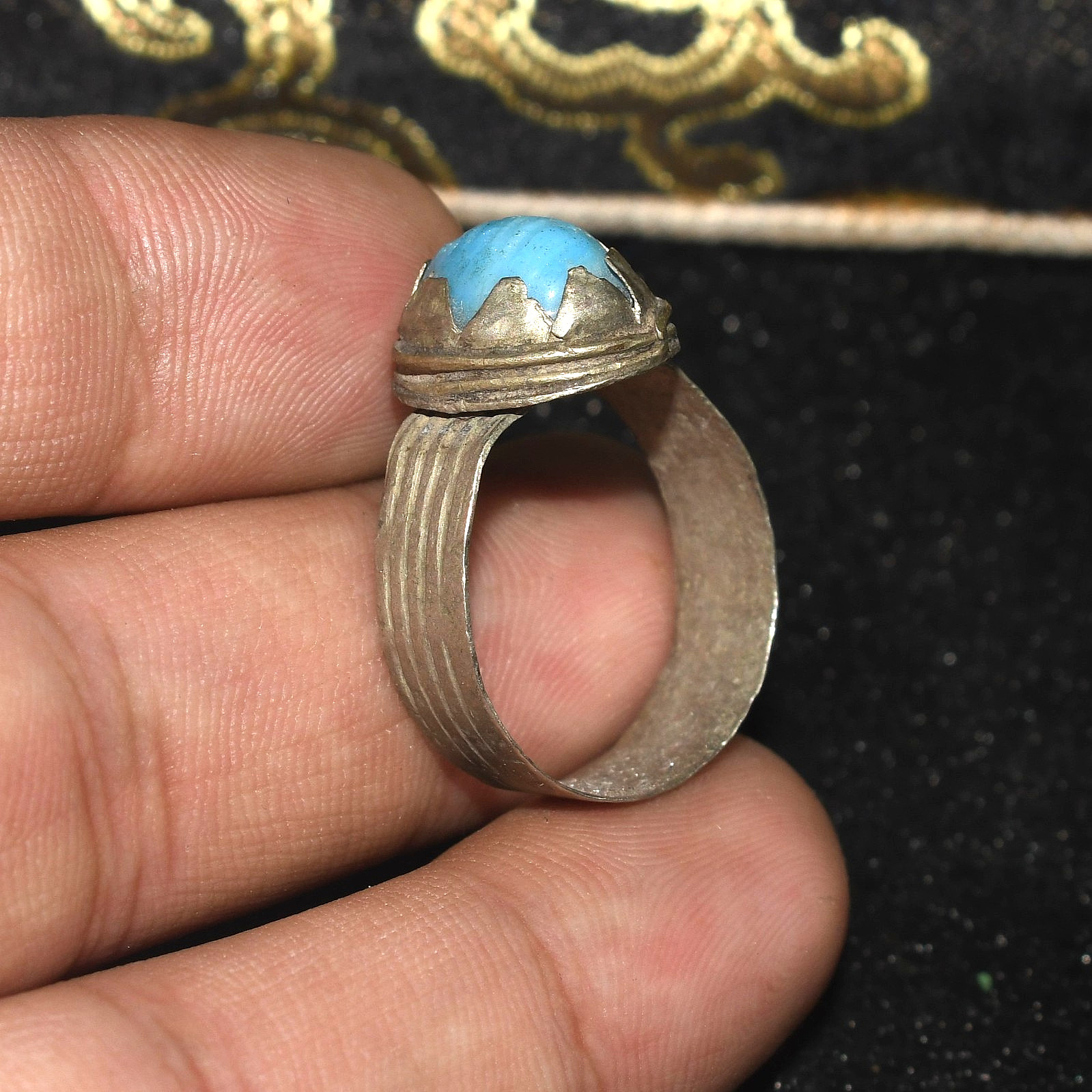 Antique Old Near Eastern Solid Silver ring with Turquoise stone Intaglio bezel