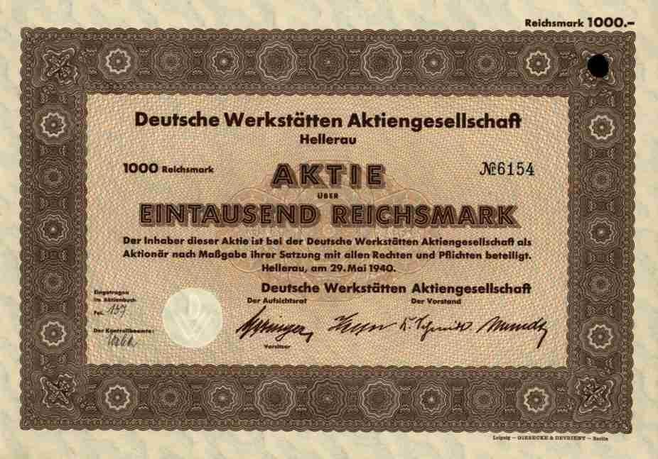 Deutsche Werkstätten VEB 1940 Hellerau Dresden Saxony Munich Frankfurt 1000 RM
