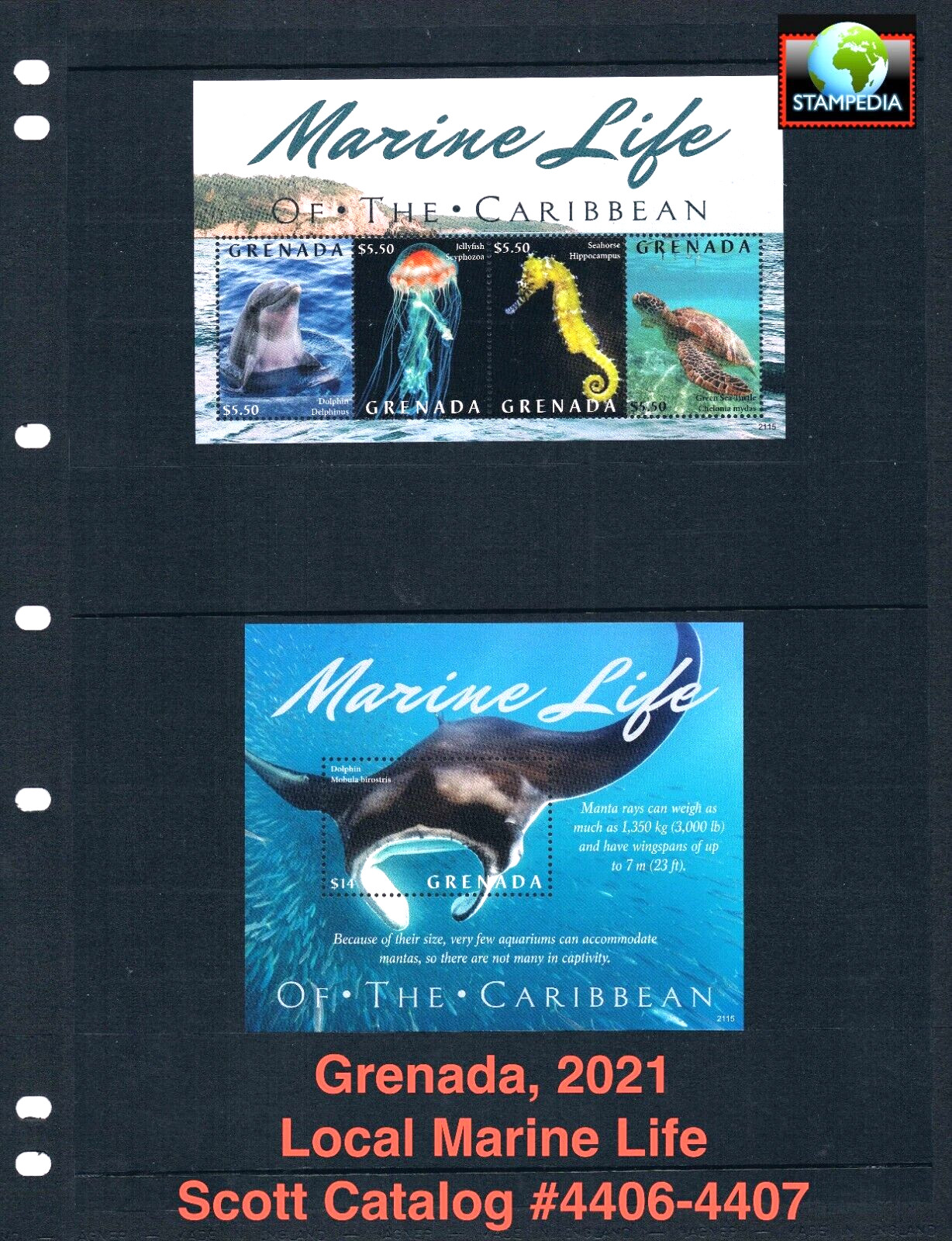 $27.00 Scott Value - 2021 GRENADA Marine Life 2 s/s Rays CV MNH NH UMM