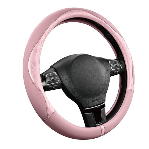  Steering Wheel Cover Patterned Leather Patchwork Design, Universal Fit Pink