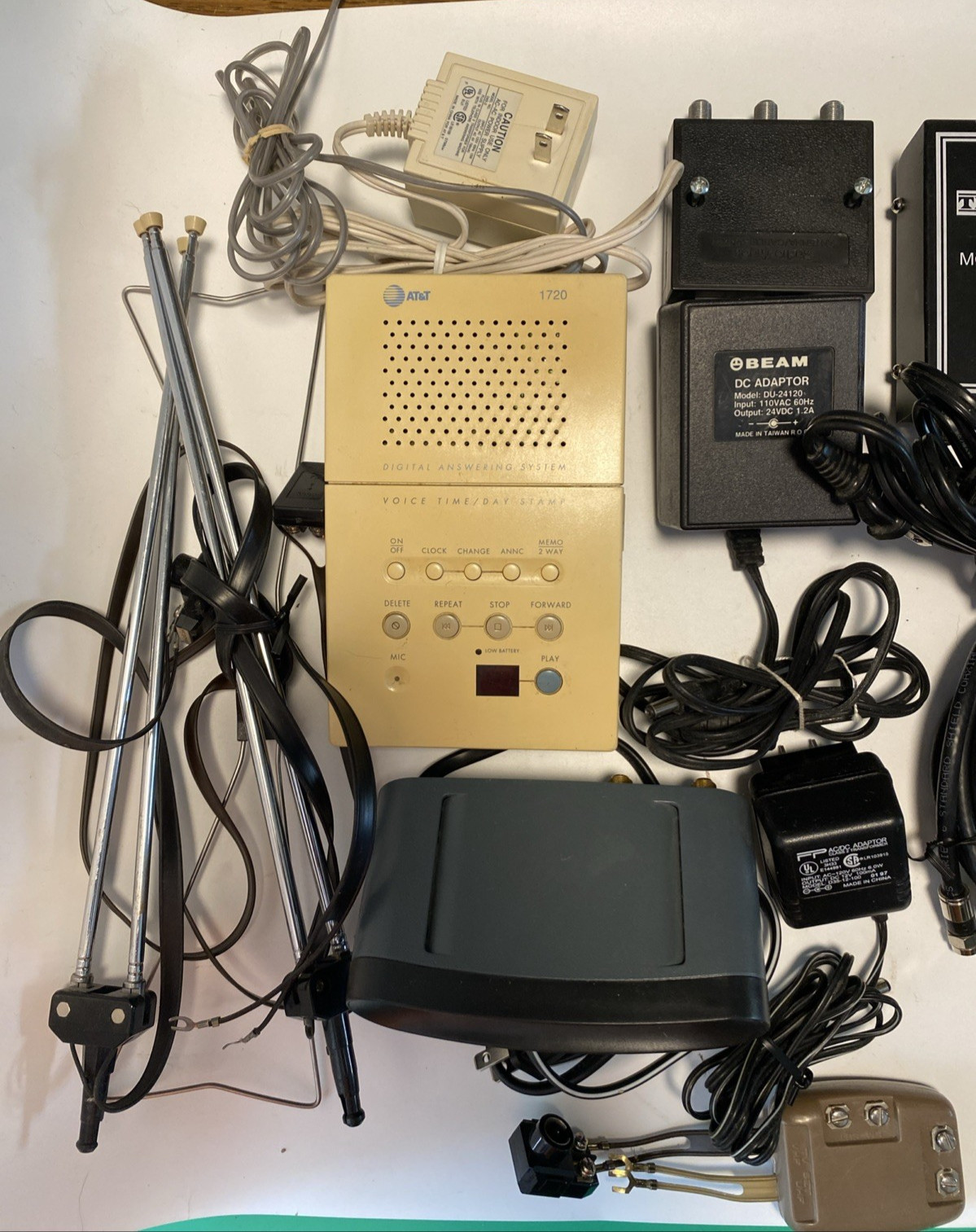 Mixed Electronics Lot Garmin, AT&T, Coax, Adapters, Answer Machine, Mondulator