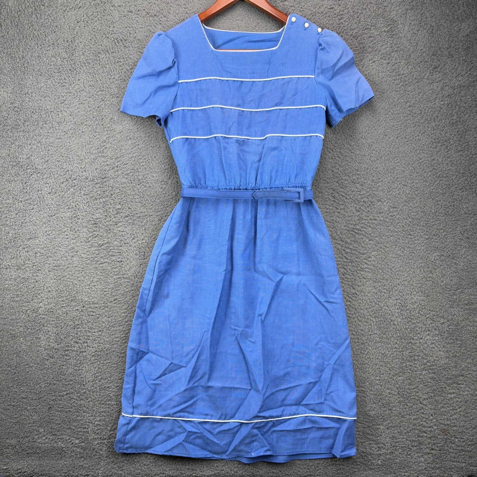 Vintage Blue Square Neck Short Sleeve Belted Dress White Piping 8840