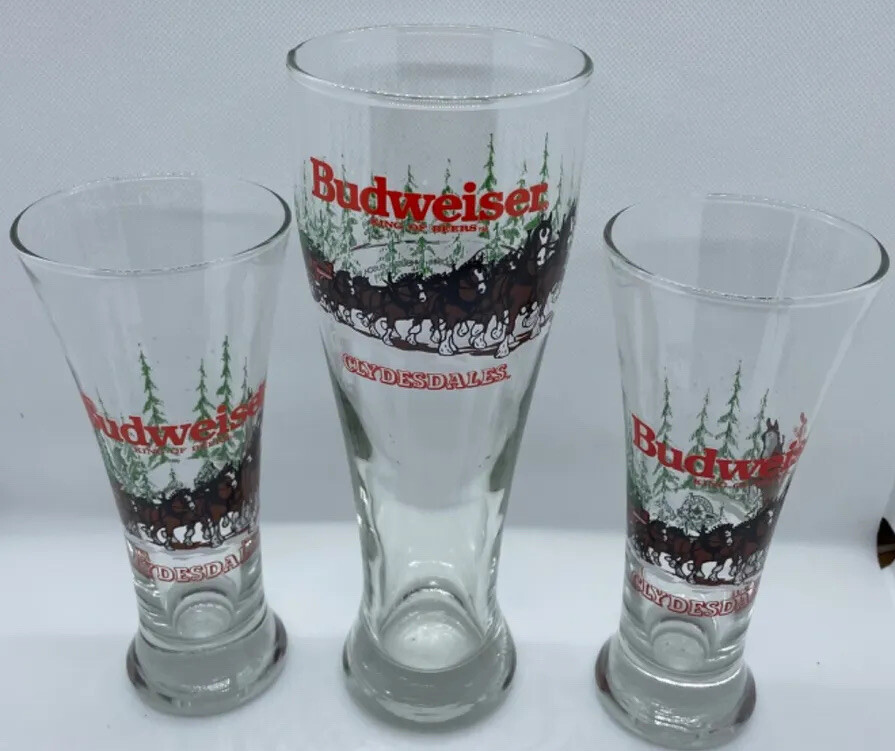 Set Of 3-Vintage ‘92 Budweiser Clydesdale Winter Holiday Pilsner Beer Glasses
