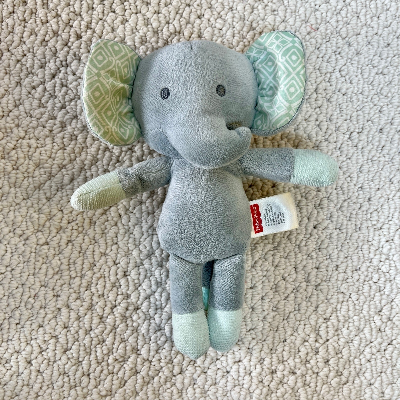  Fisher Price Gray Elephant Plush Stuffed Animal Lovey Green Sweet Surroundings