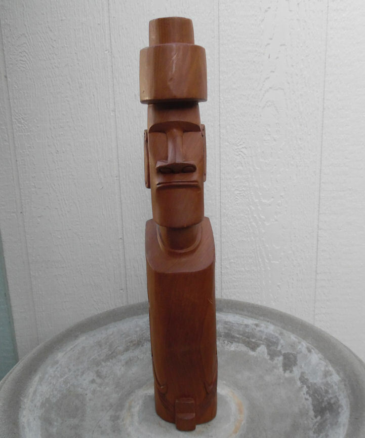 EASTER ISLAND RAPA NUI CARVED WOOD MOAI 20 1/4" TALL SCULPTURE W GLYPHS,  c.1969