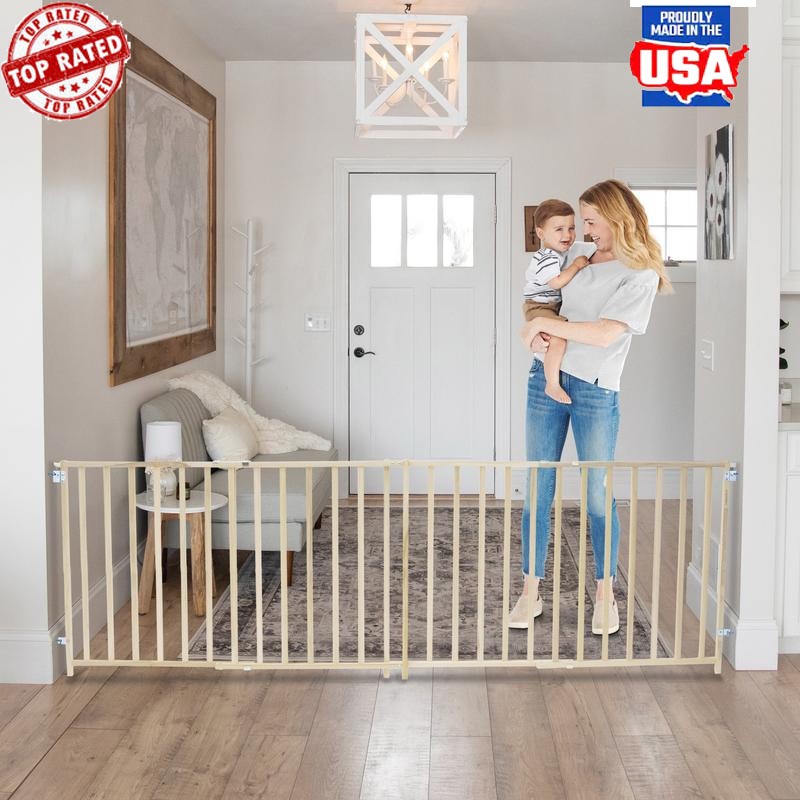 Extra-Wide Swing Baby Safety Gate 60-103 Inch Hardware Mounted Wood Gate New