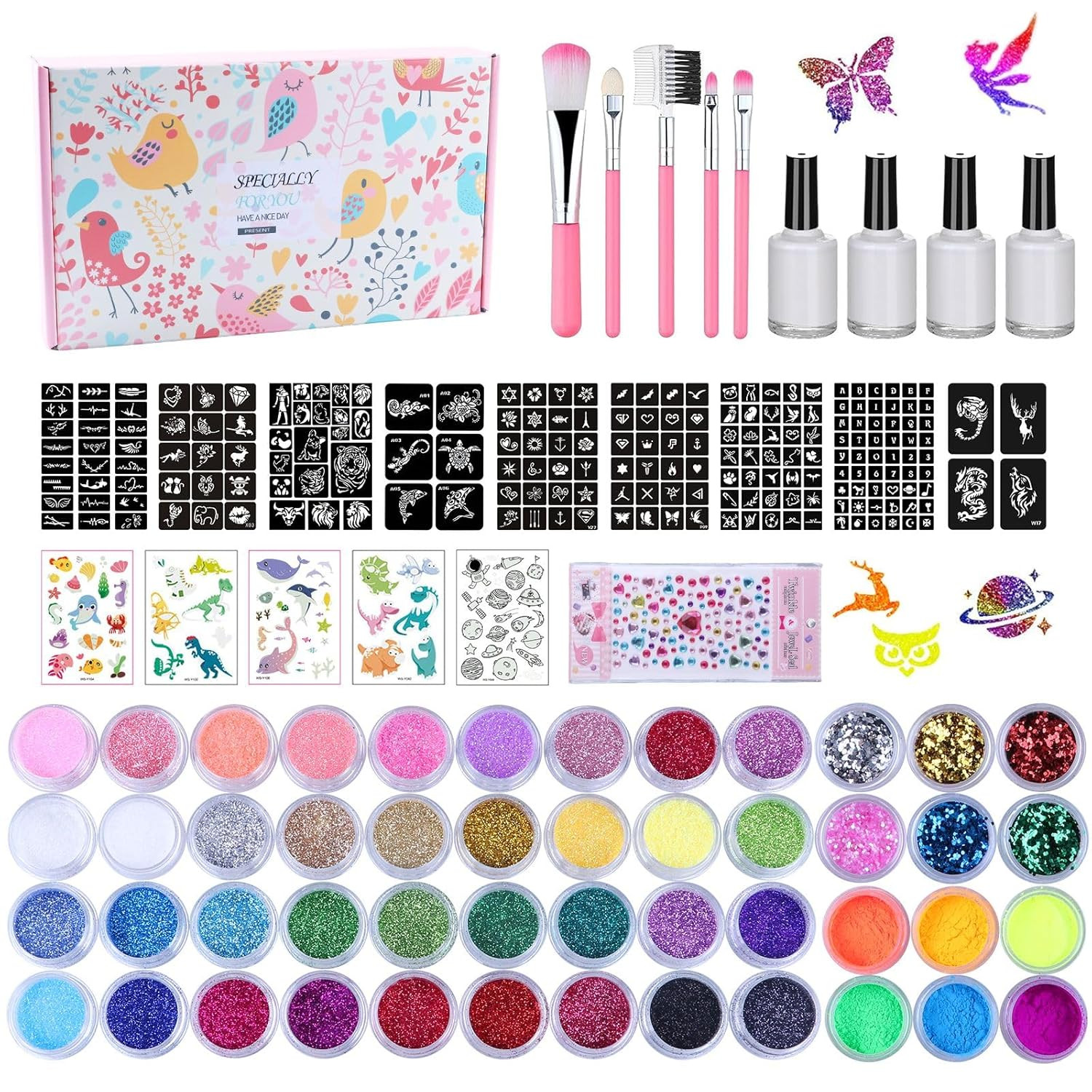 Temporary Glitter Tattoo Kit for Kids & Adults,  42 Glitter & 6 Fluorescent Colo