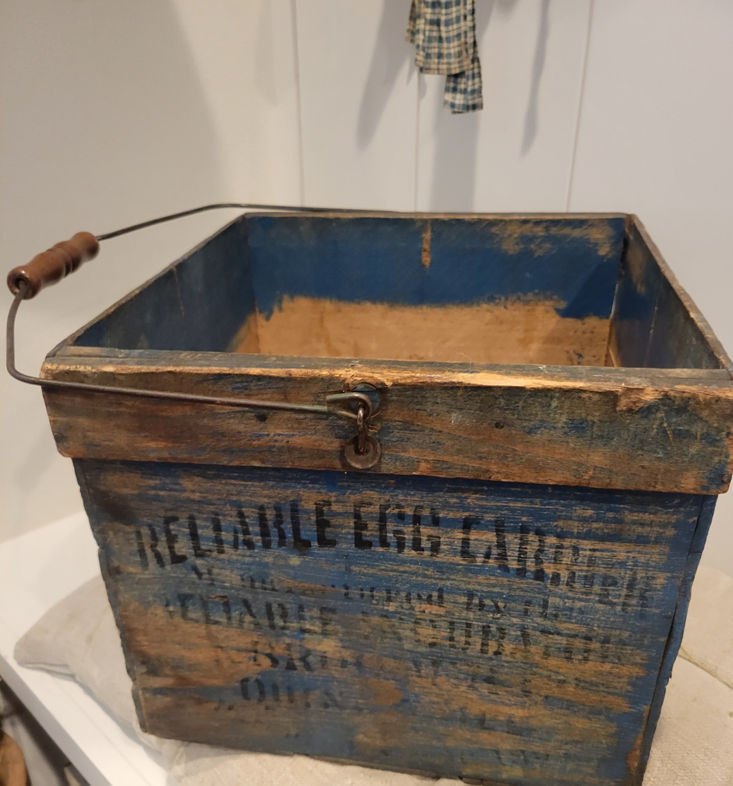 Old Blue Primitive Country Wooden Egg Crate Carrier