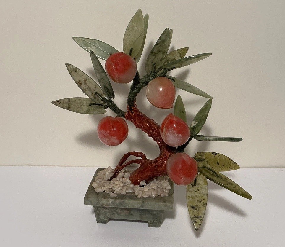 Peach Bonsai Tree Jade Leaves Hardstone Gemstone Fruit Feng Shui Decor 6”Vintage