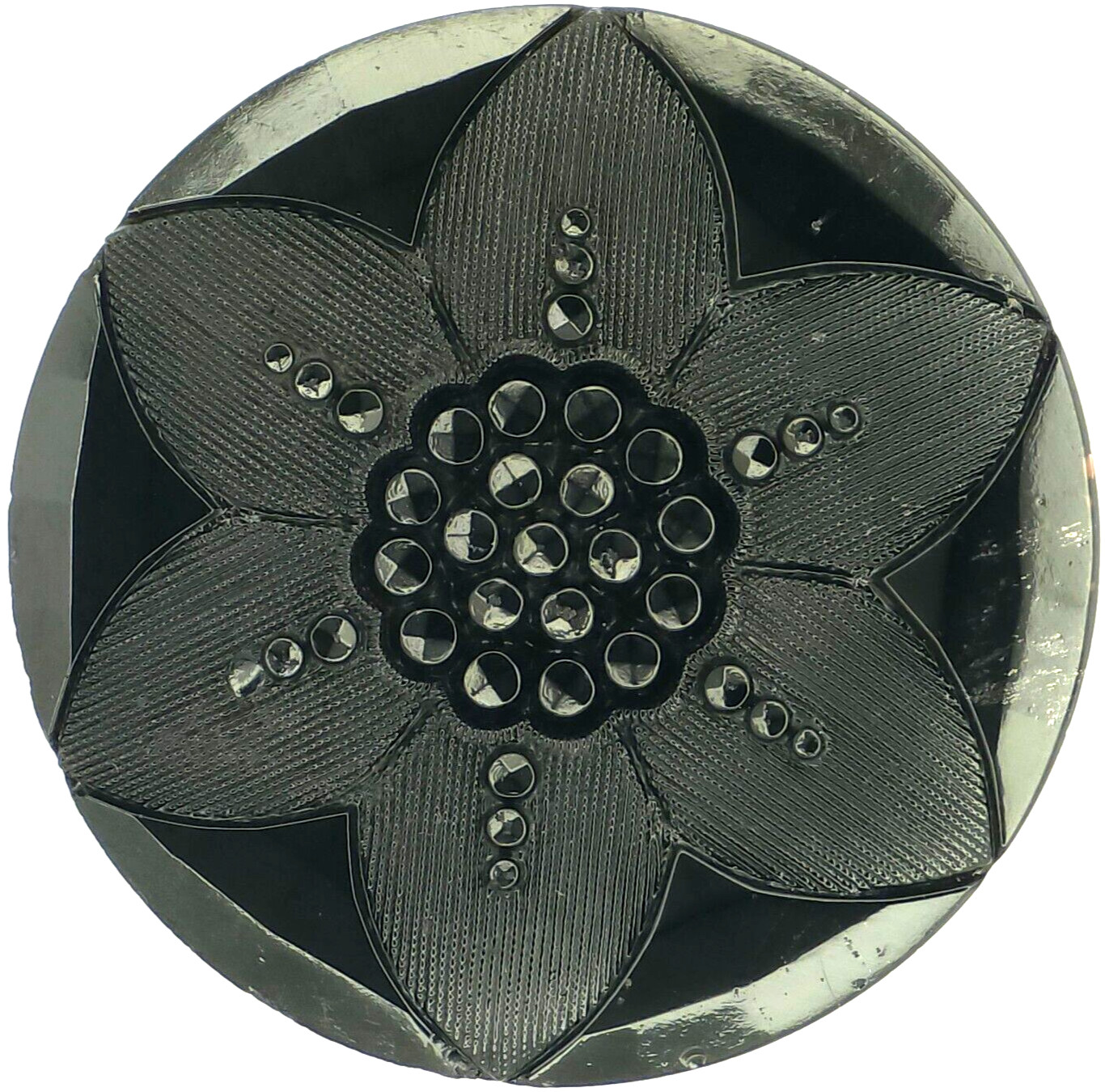 C1900 Antique Black Glass Daffodil Flower Button Imitation Fabric Cut Steel 1.25