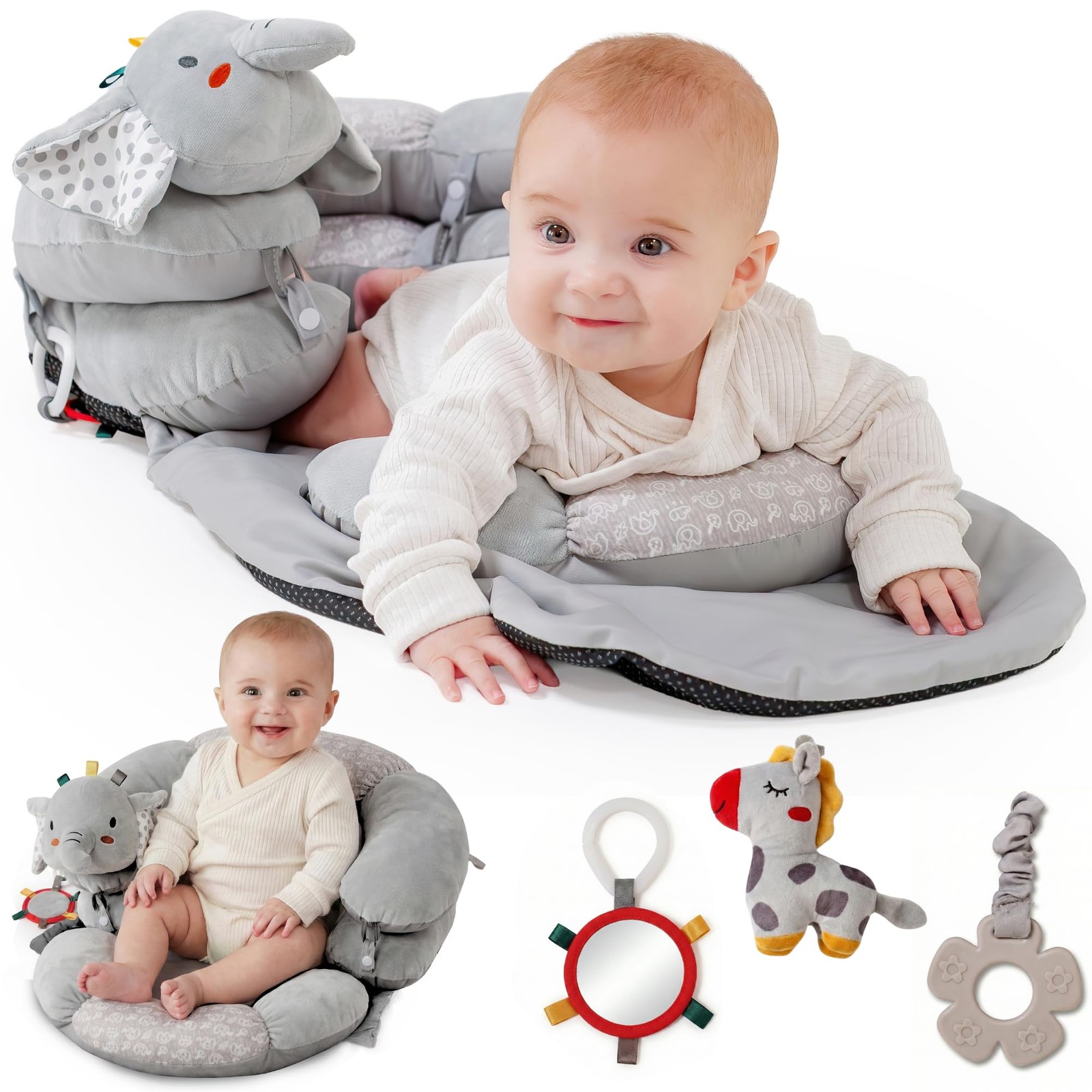 2-in-1 Tummy Time Mat & Baby Lounger Pillow - Seat Support for Baby Play Mat ...