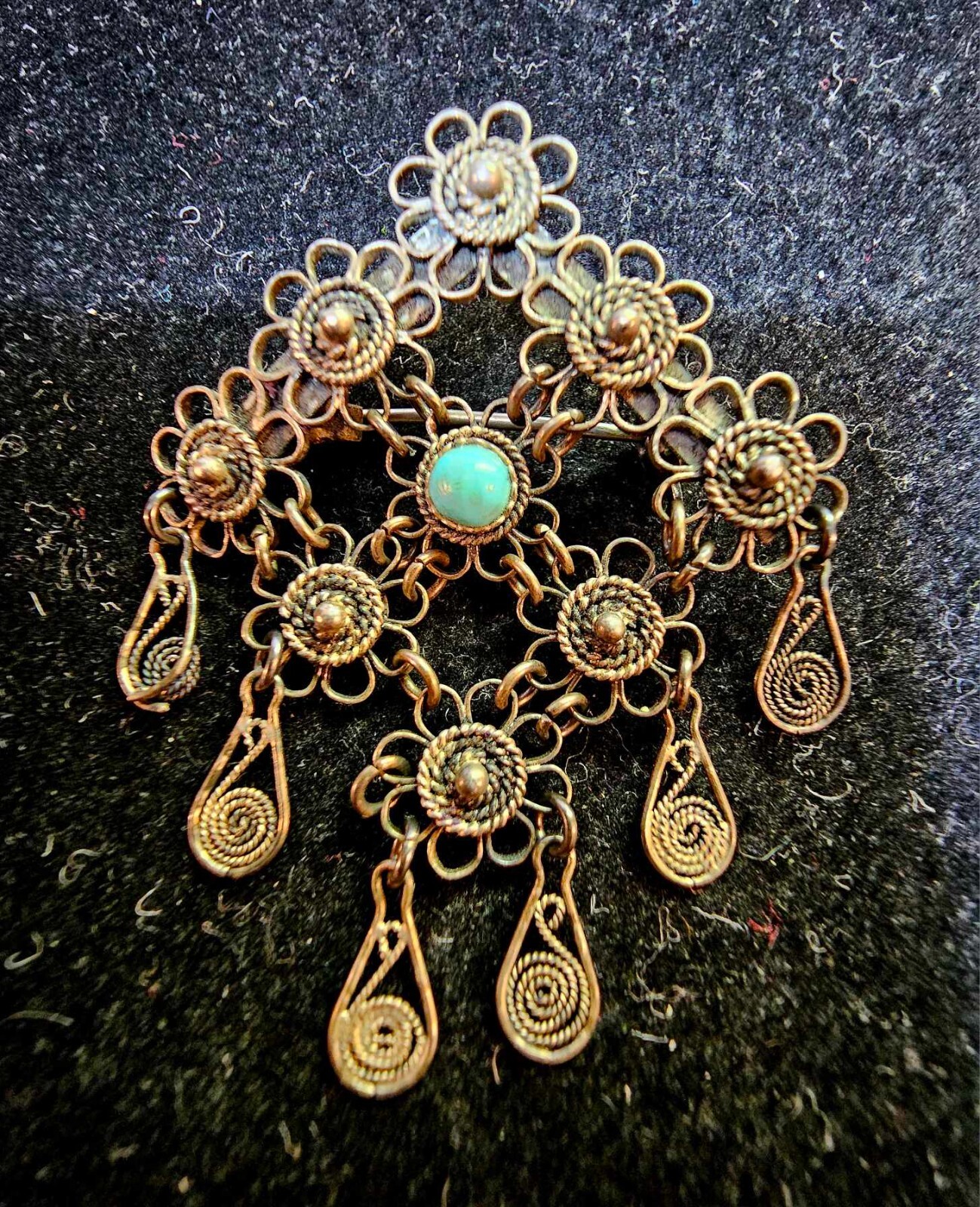 Vtg Sterling Silver Soljie Style brooch Pin Flowers Dangle Filigree w turquoise