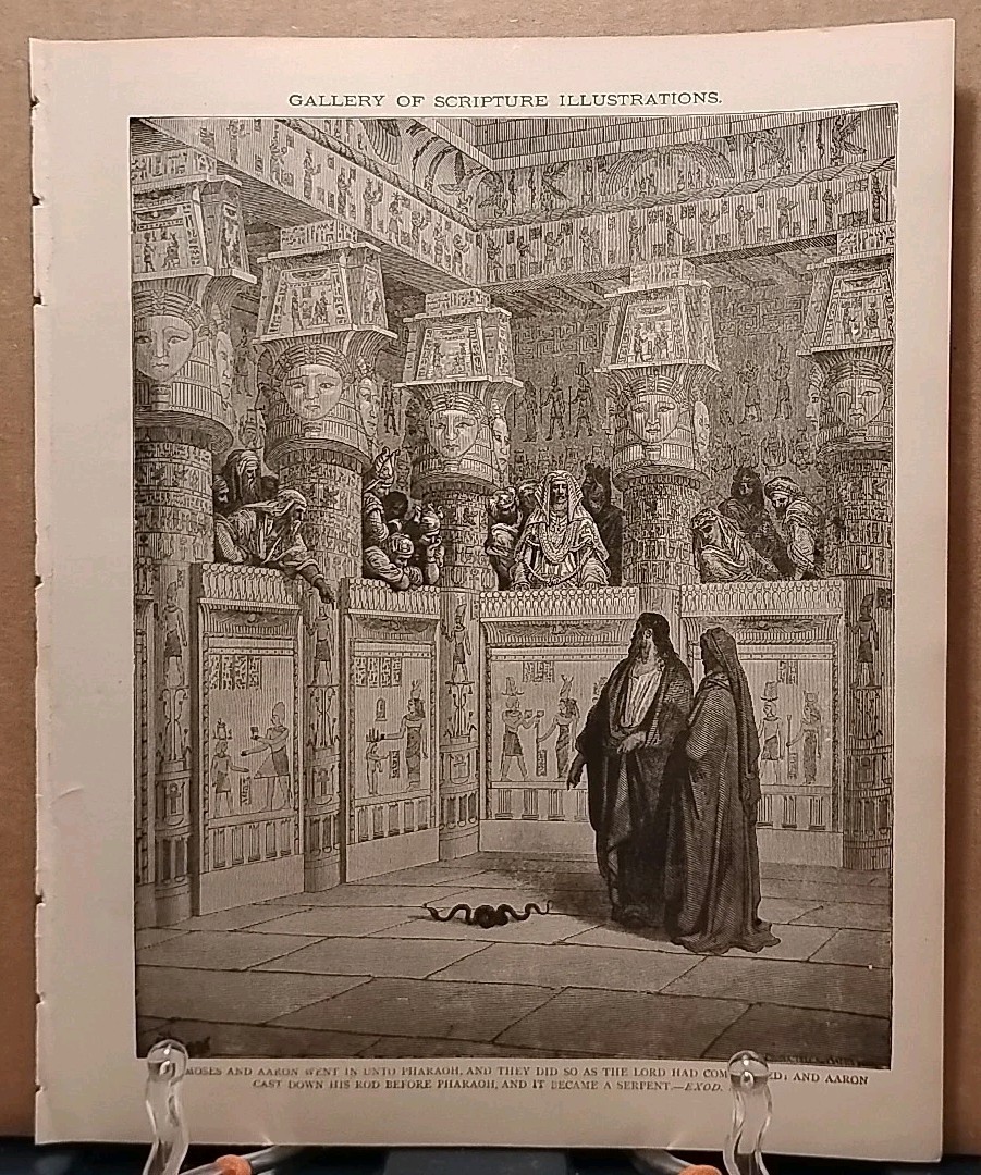1884 - Vintage MOSES CONFRONTS PHARAOH Antique Bible Print from 1800s