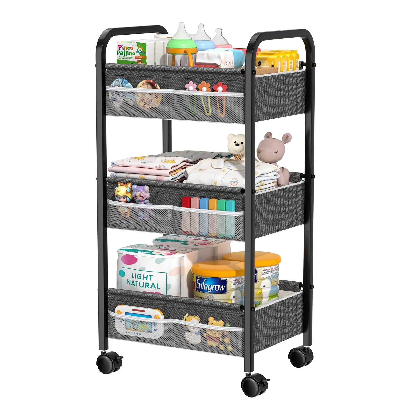 Baby Diaper Caddy Rolling Utility Cart, 3 Tier Baby Essentials Nursery Organi...