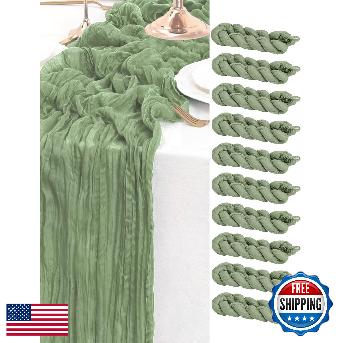 FUANGUI 10-Pack Sage Green Cheesecloth Table Runner 35x120" 10Ft Wedding Baby