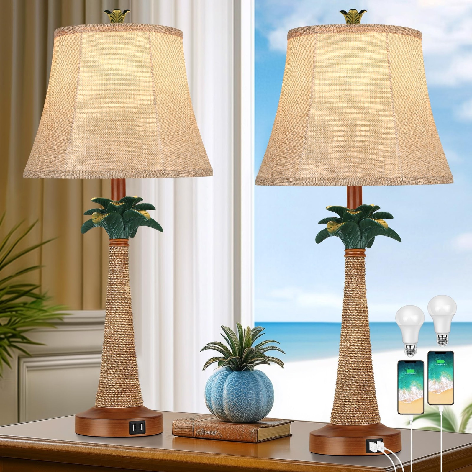 Hamucd Set of 2 Coastal Palm Tree Table Lamps with 2 USB Ports for ... Fast Ship