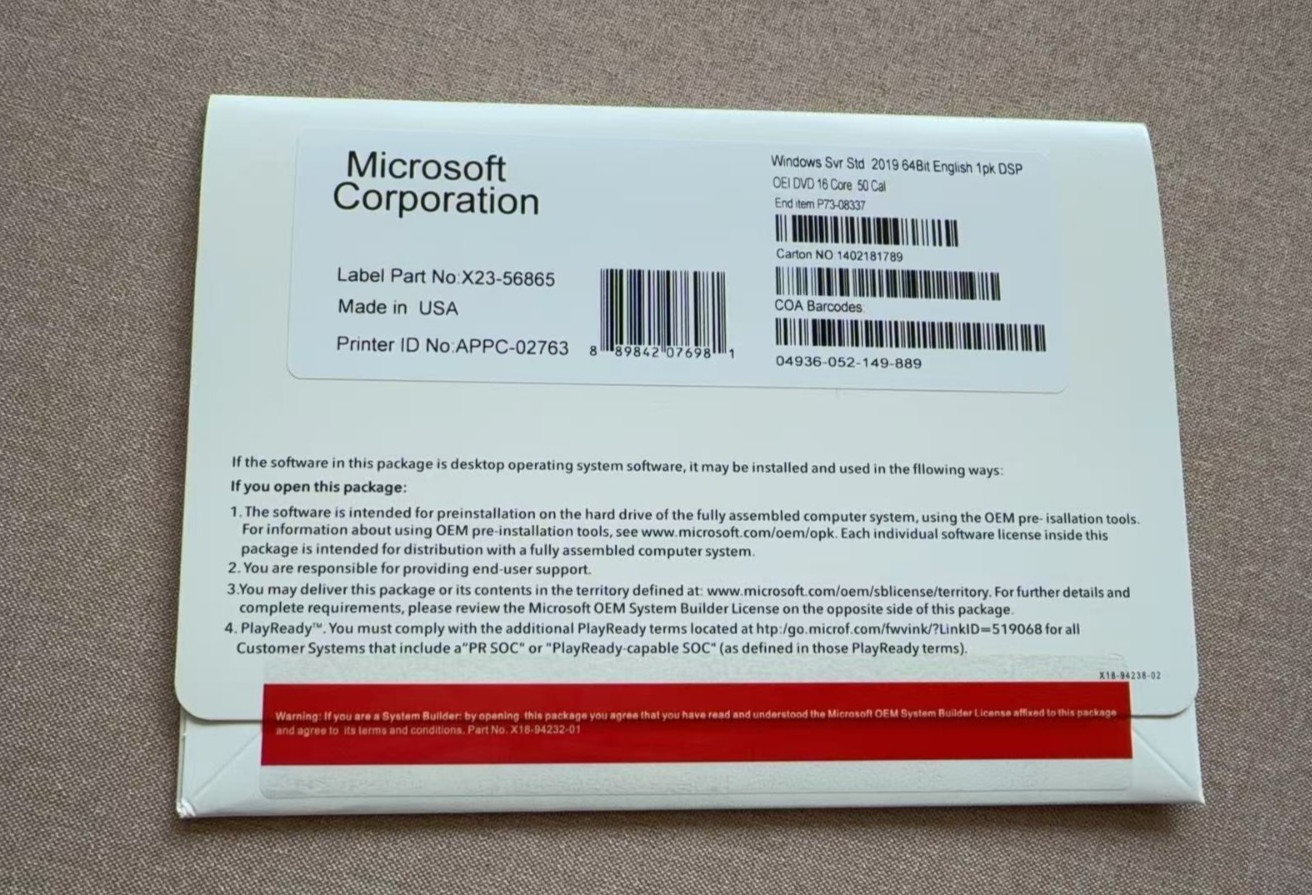 Microsoft Windows Server 2019 Standard 16 Core 50 CALs DVD With Key