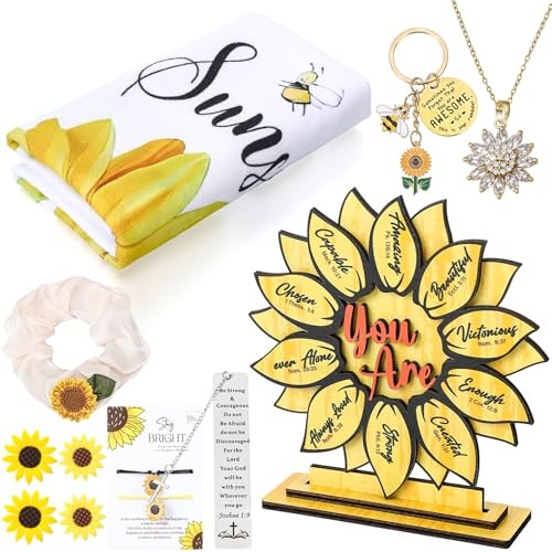 Christian Sunflower Gift Set Wood Plaque Necklace Keychain Bookmark Towel Hair 