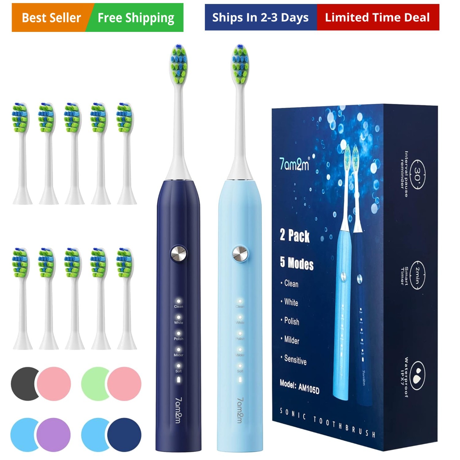 Rechargeable Sonic Electric Toothbrush 2 Pack, Soft Toothbrushes for Adults a...