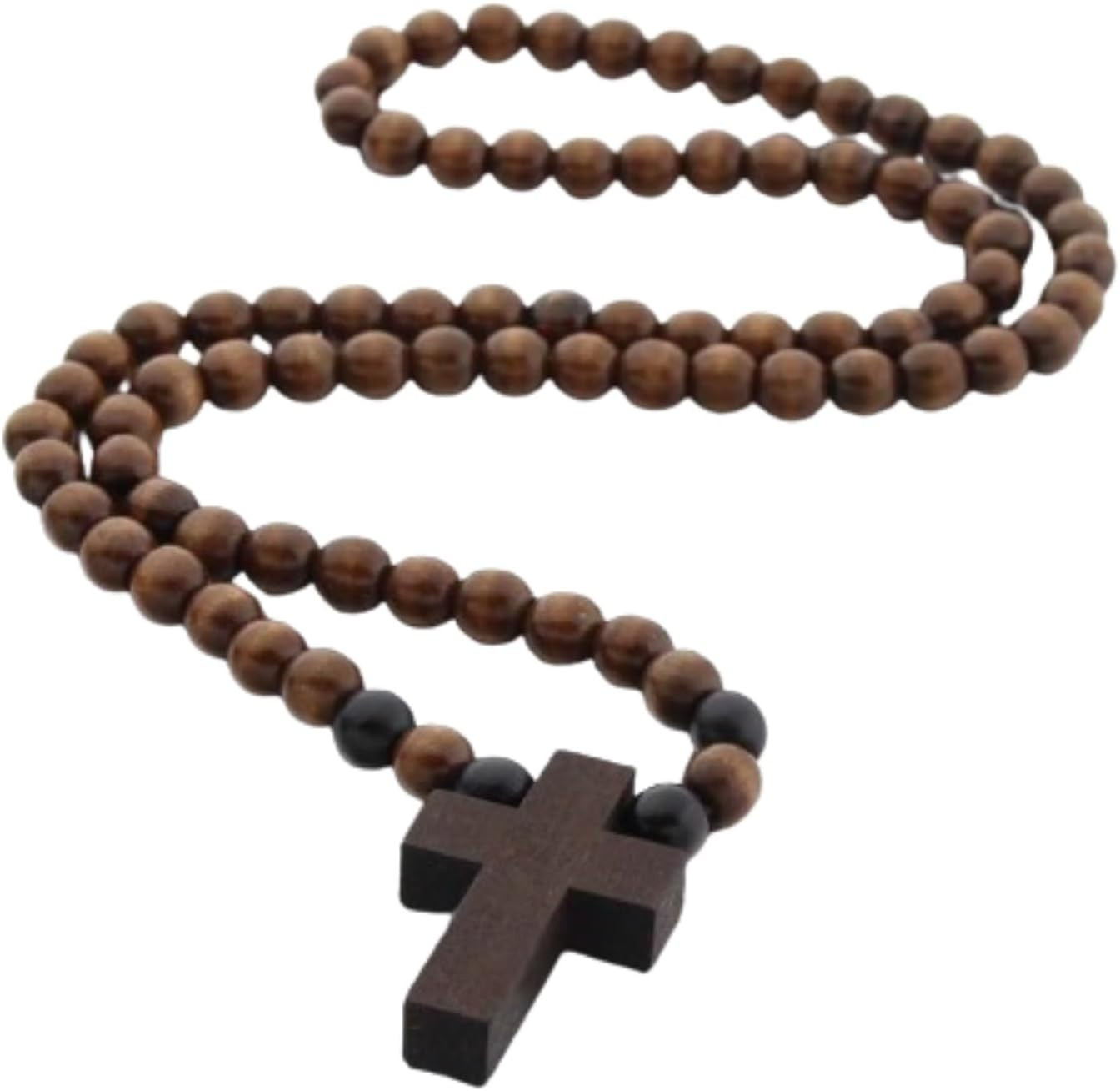 Natural Wooden Beaded Cross Pendant Necklace Handmade Religious Rosary Cross Nec