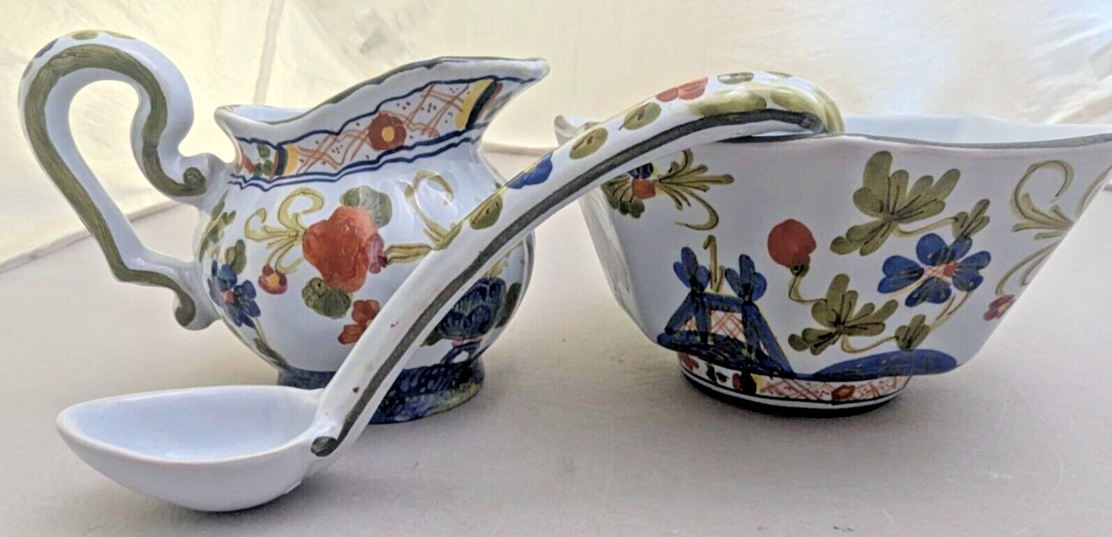 3- AMM Faenza Garofano Blue Carnation Sugar Bowl/Creamer/Spoon Ladle Set Italy