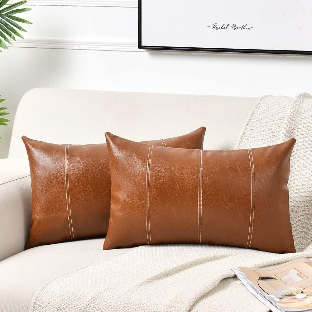 2 Packs Brown Boho Lumbar Faux Leather Decorative Throw Pillow Covers 12x20 Inch