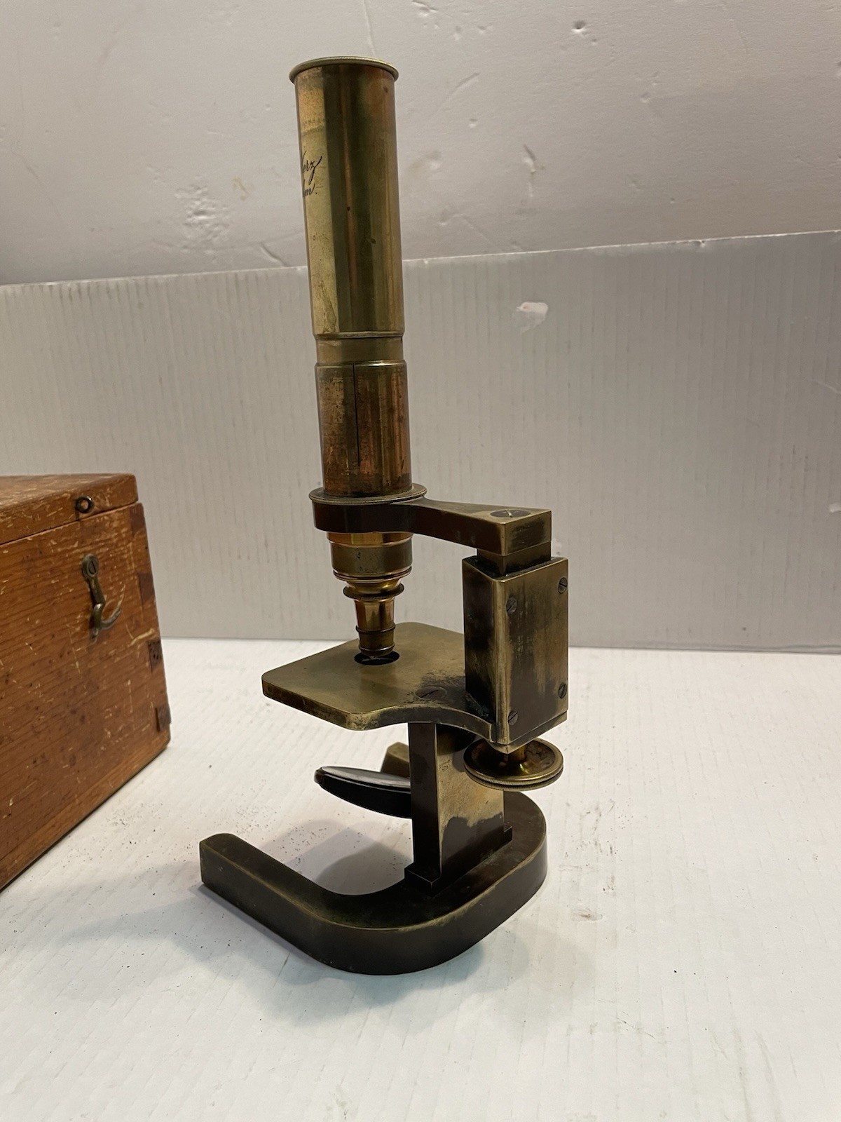 Antique Brass Microscope G & S Merz Munich #1424  W/Orig. Dovetailed Case 1860